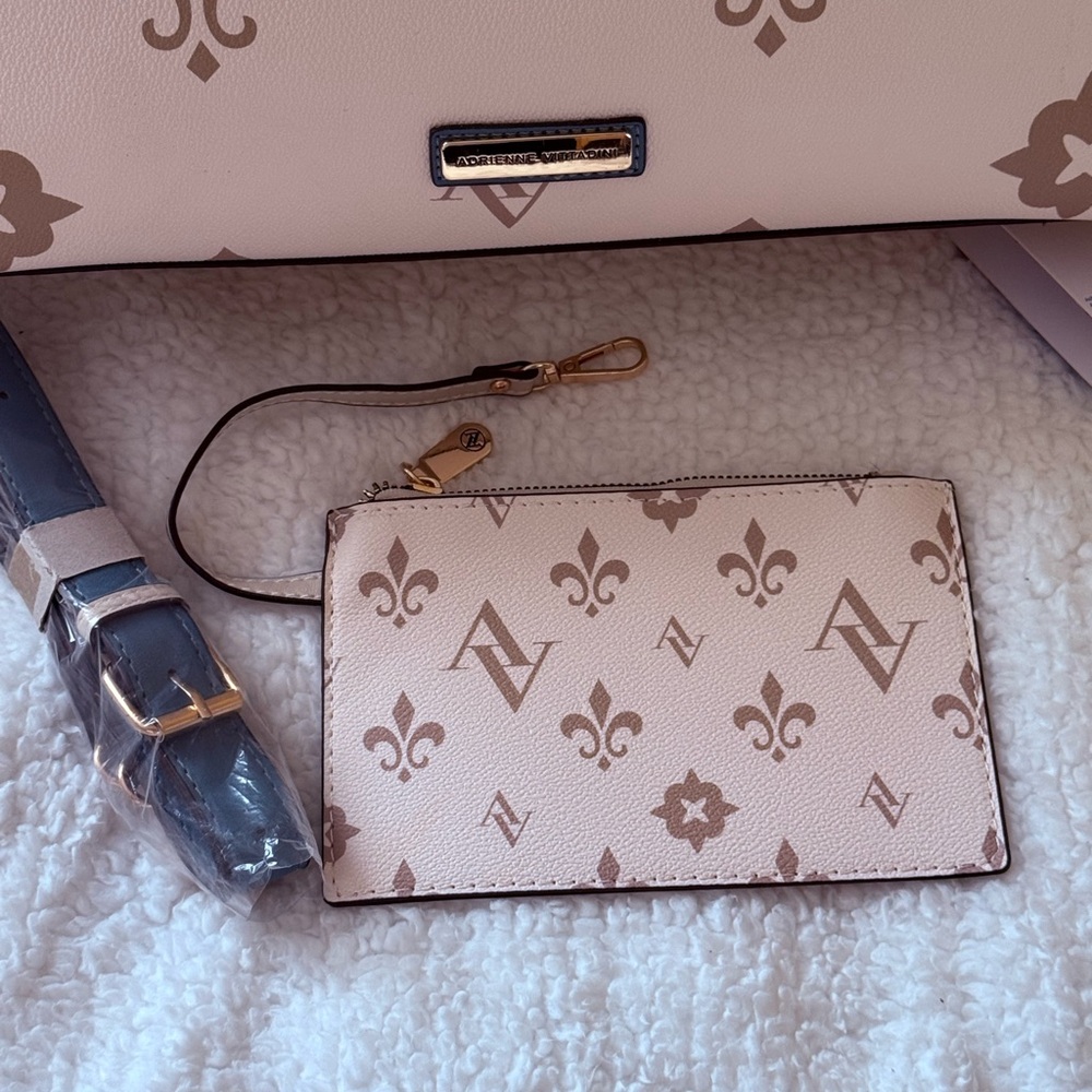 Adrienne Vittadini Beige and Blue Logo Tote with Wristlet - Picture 3 of 15